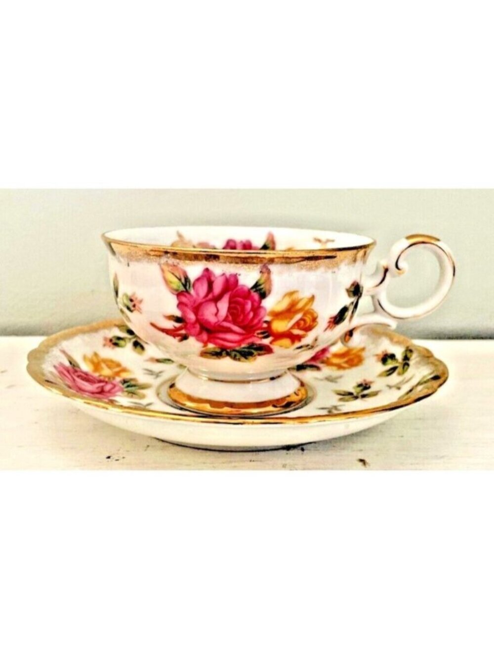 Vintage Shafford Japan Tea Cup & Saucer Floral Roses Gold Trim Fine China